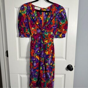 Vintage Albert Nipon 1980s bold floral silk dress, sz 4, puff sleeves